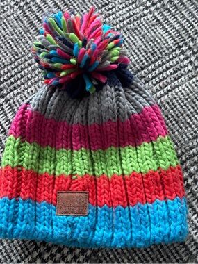 Striped Multicolor Pom Pom Knit Beanie - Gray, Pink, Green, Red, Blue